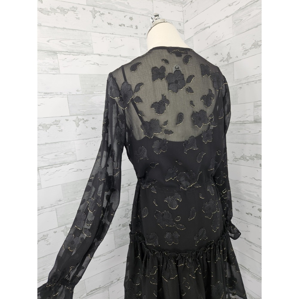 Allsaints Alia Flora Dress Black Sheer Overlay Gold Floral Patterns Women M - Picture 4 of 9